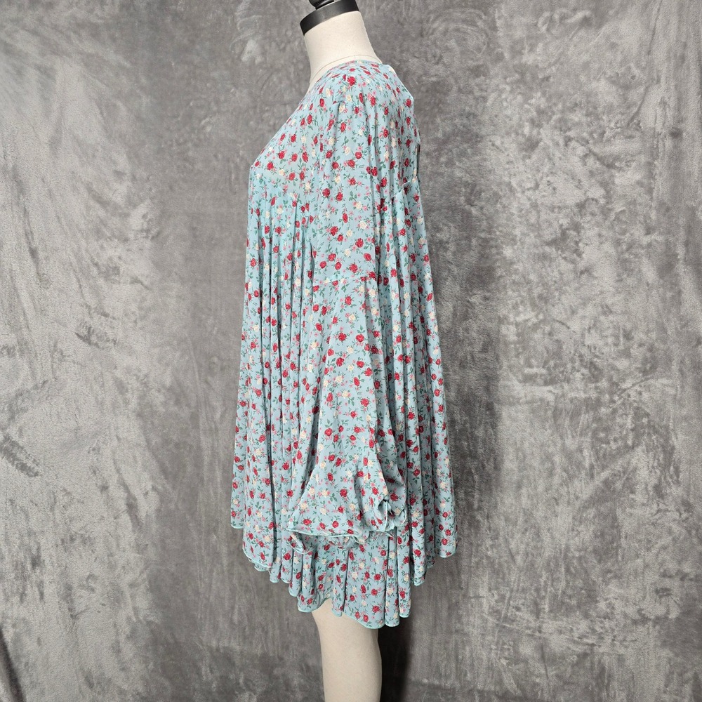 Boohoo Womens Blue Floral Pleated Smock Dress Bell‎ Sleeve NWT Sz 14 Cottagecore - Picture 3 of 14